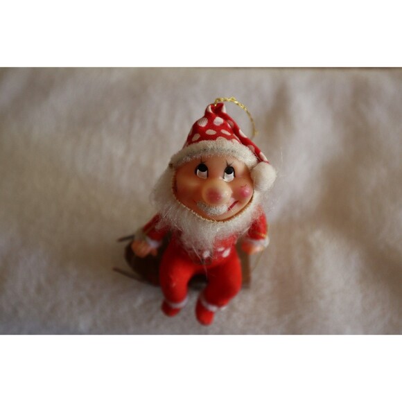 Vtg Christmas Chubby Cheeks Flocked Santa Claus Figure Ornament Plastic Sled 4" - Picture 3 of 11